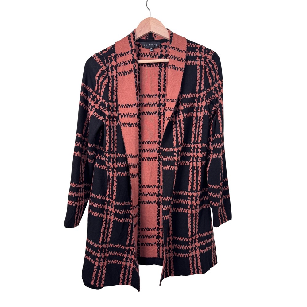 Ming Wang Black Terracotta Plaid Open Front Knit Cardigan Jacket Workwear XS